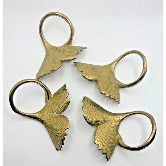 Vintage Set of 4 Brass Leaf Napkin Rings Used Not Polished - Picture 8 of 10